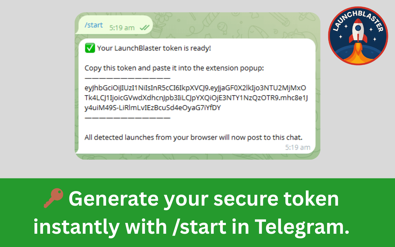 Telegram screenshot showing /start token message